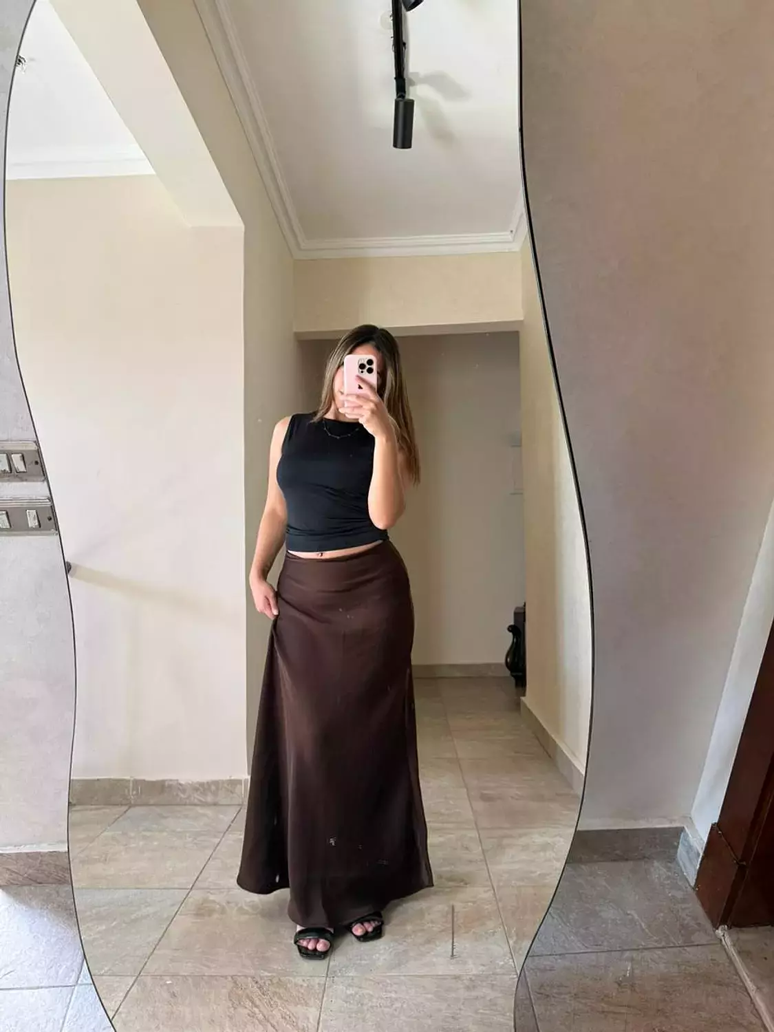 Long Satin Skirt Brown image