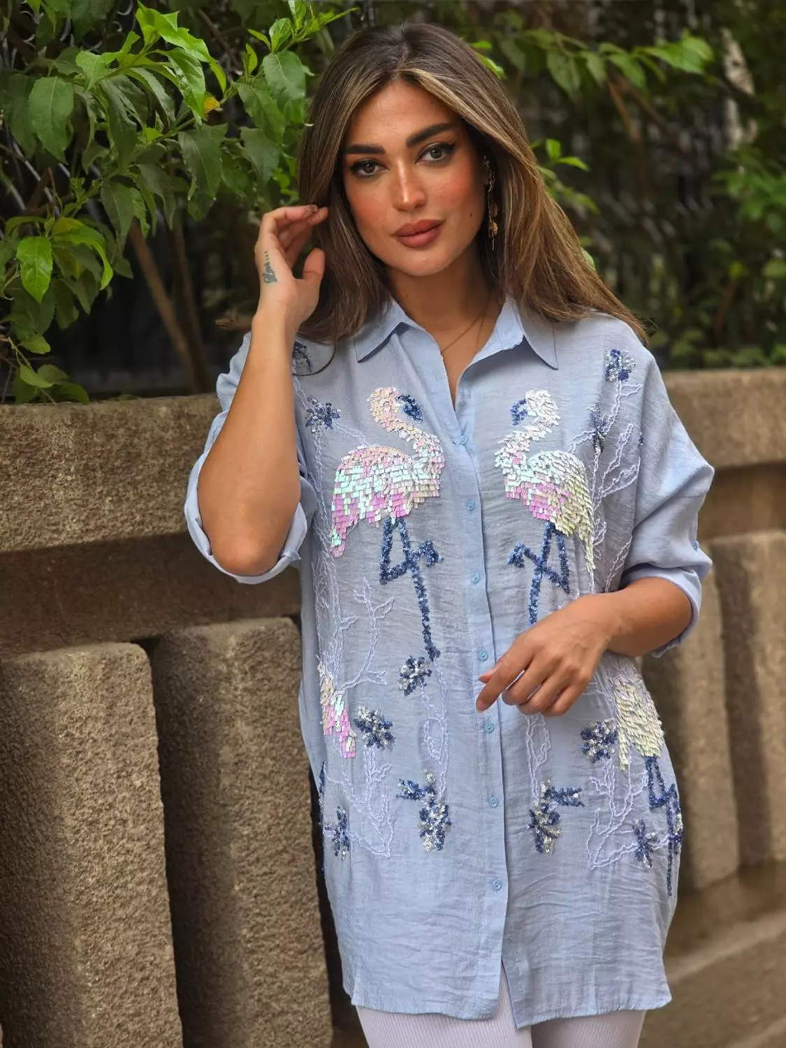 Baby Blue Embroidery Flamingo Shirt image