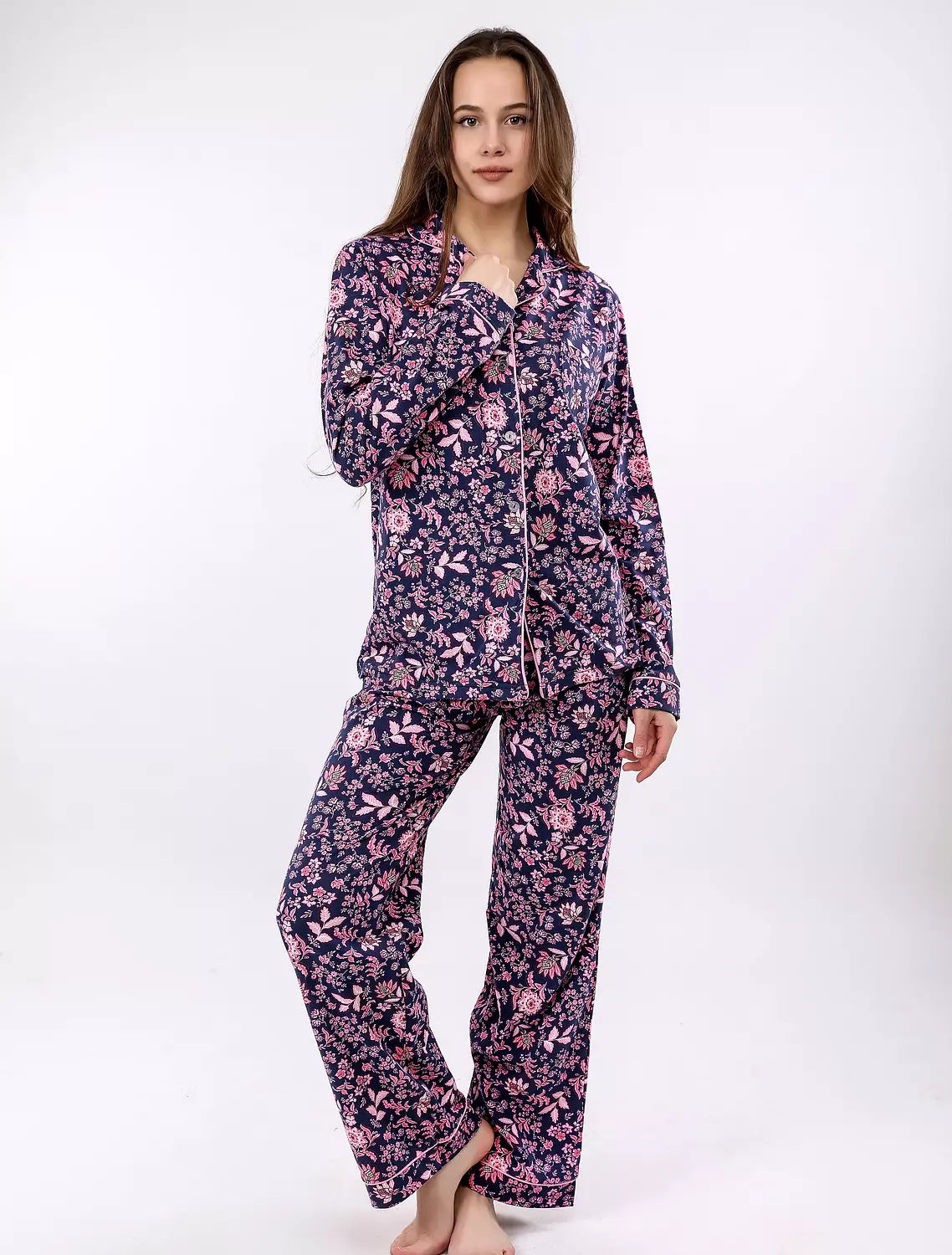 S613 Midnight Bloom Floral Buttoned Long Sleeved Pajama Set 4