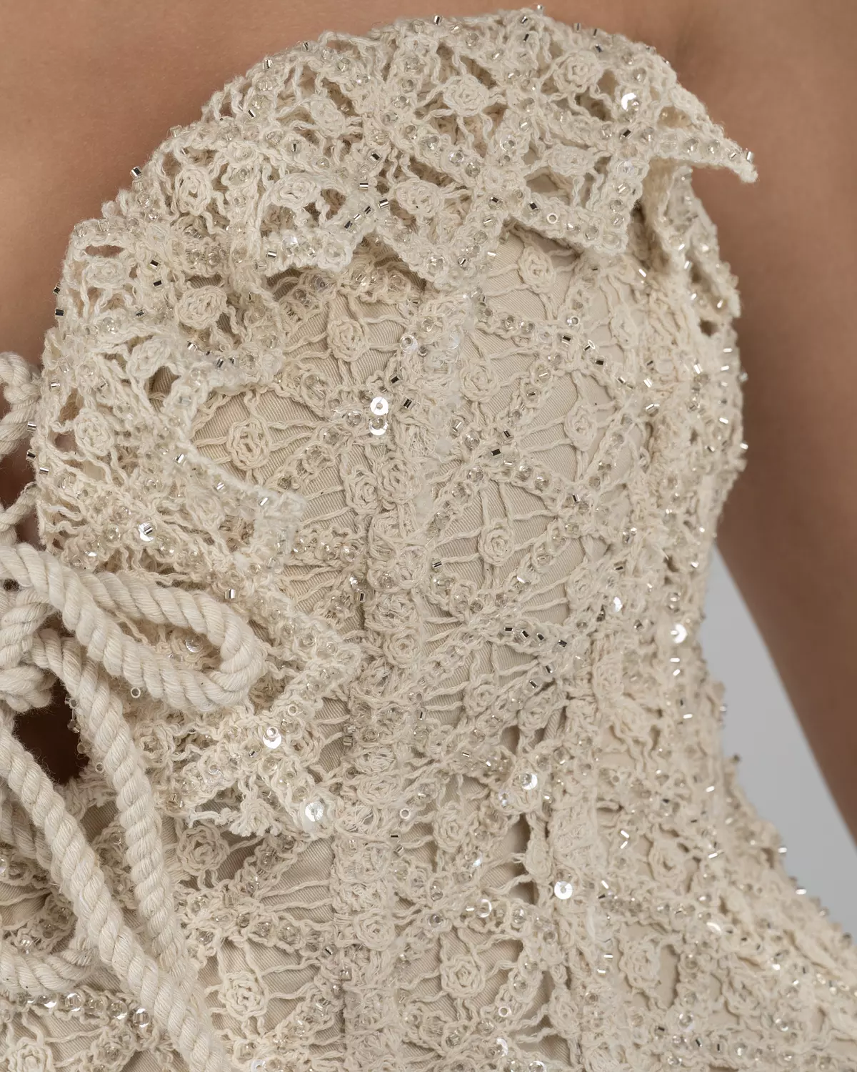 Ivory Beaded Lace Corset Romper with Rope Lace-Up Detail 5