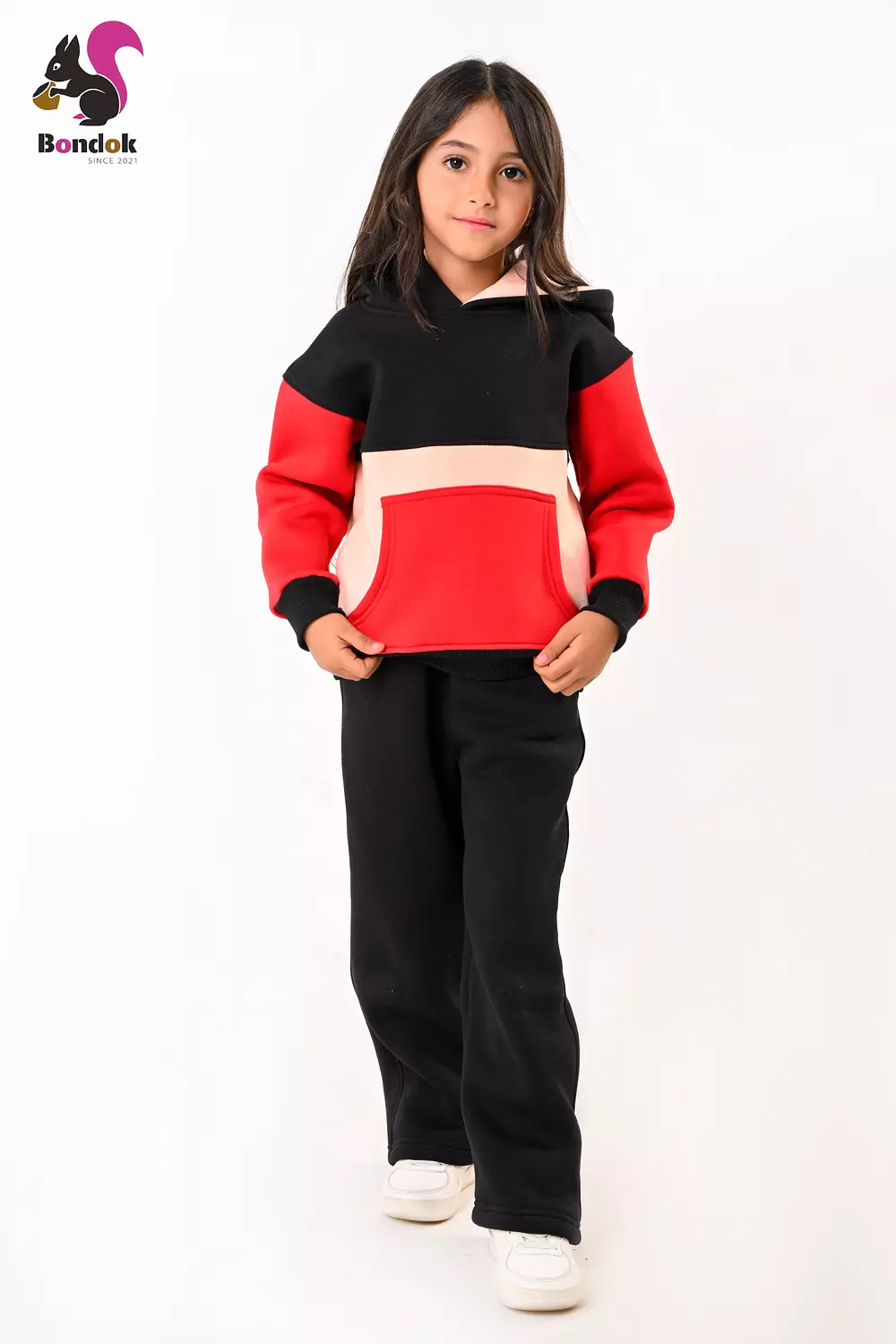 BONDOK Kids Color-Block Hoodie Tracksuit Set – Warm meltone Top & Jogger Pants, Kangaroo Pocket, Soft Lining, Girls Winter Outfit (Ages 3–14) image