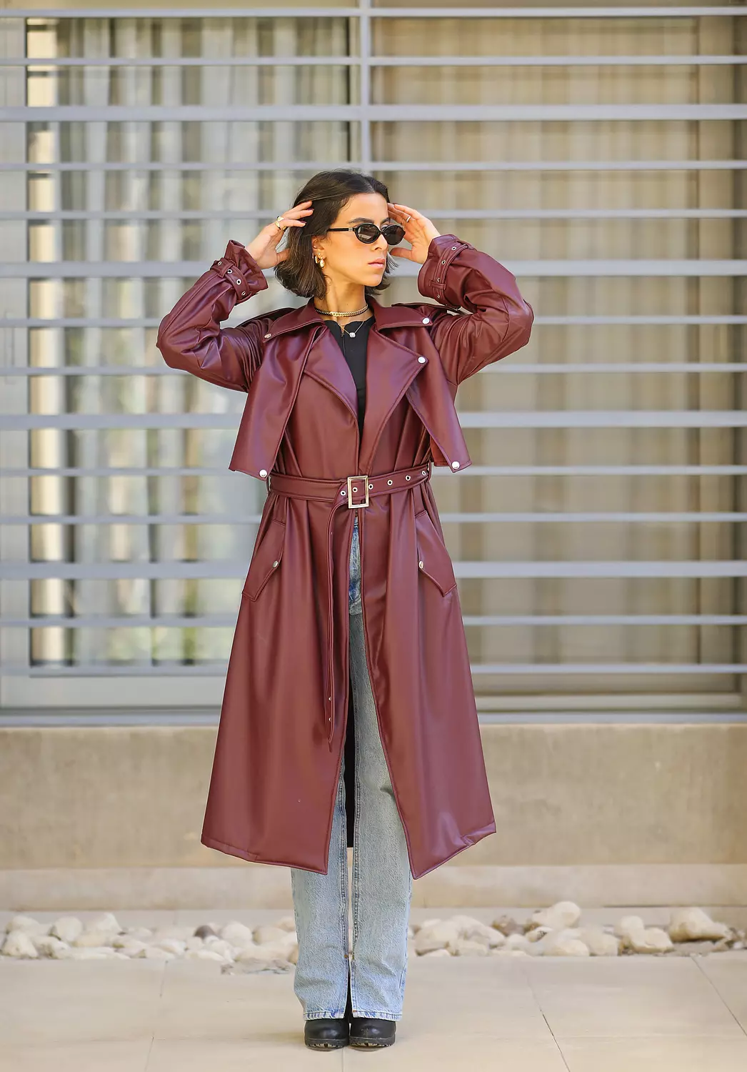 burgundy leather trench coat image