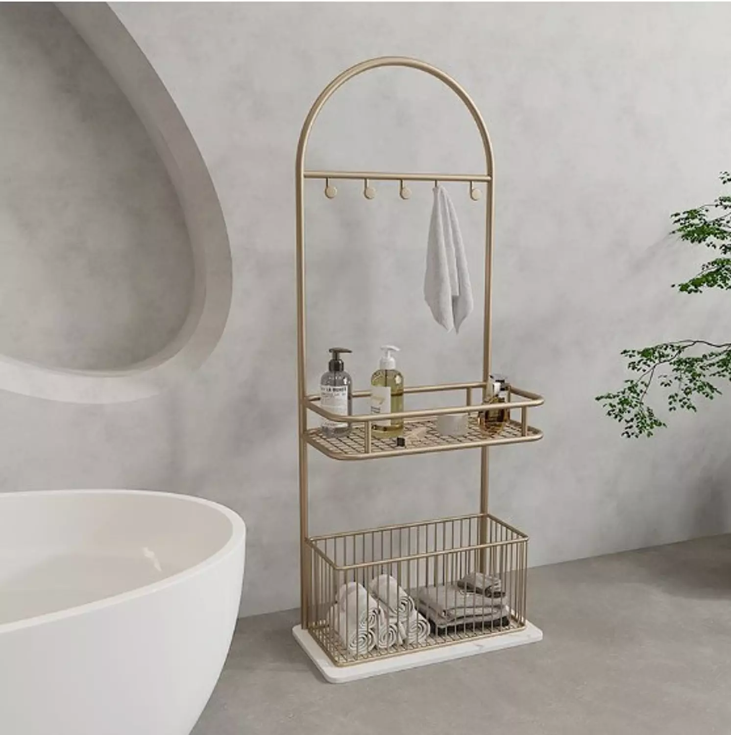 Bathroom towel organizer with clothes basket  hover image