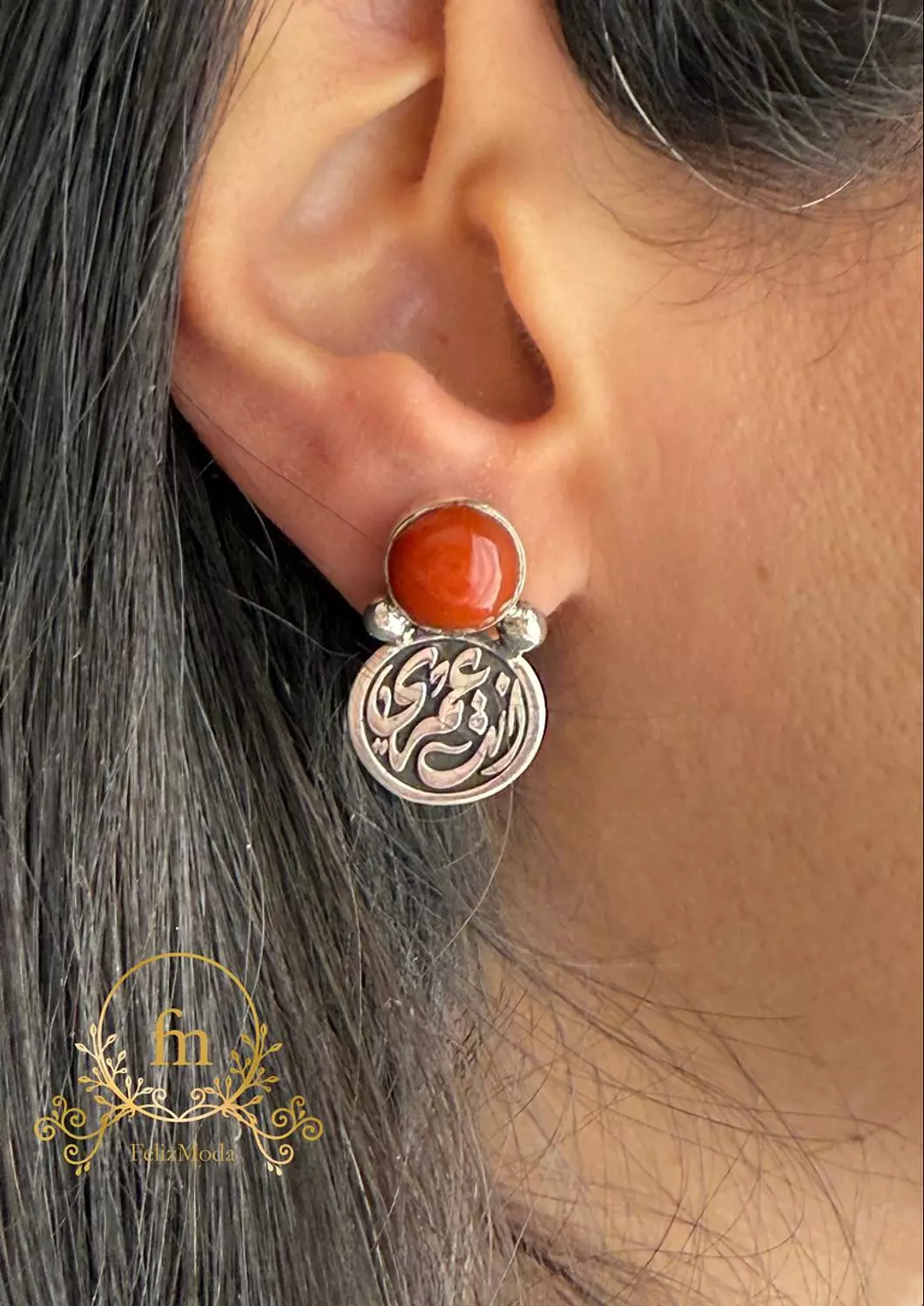 انت عمري  Silver earrings with brown stone image