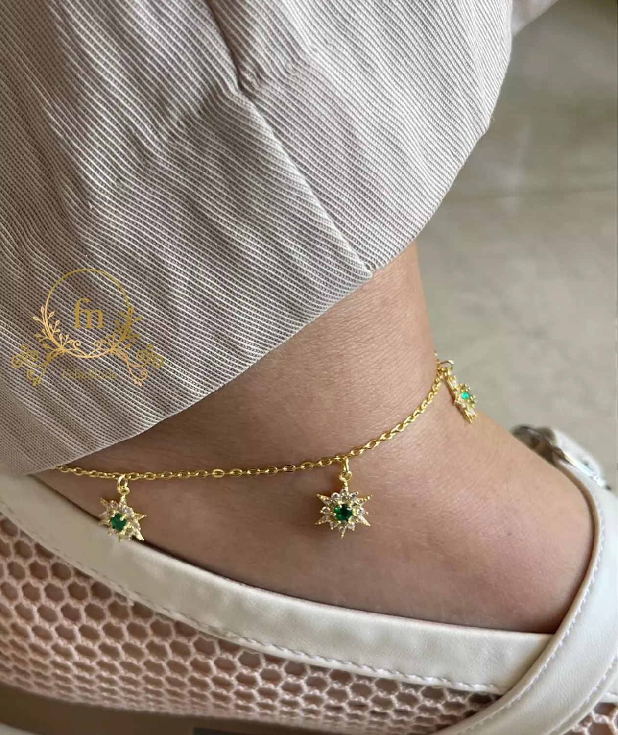 Green Flowers silver anklet gold plated image