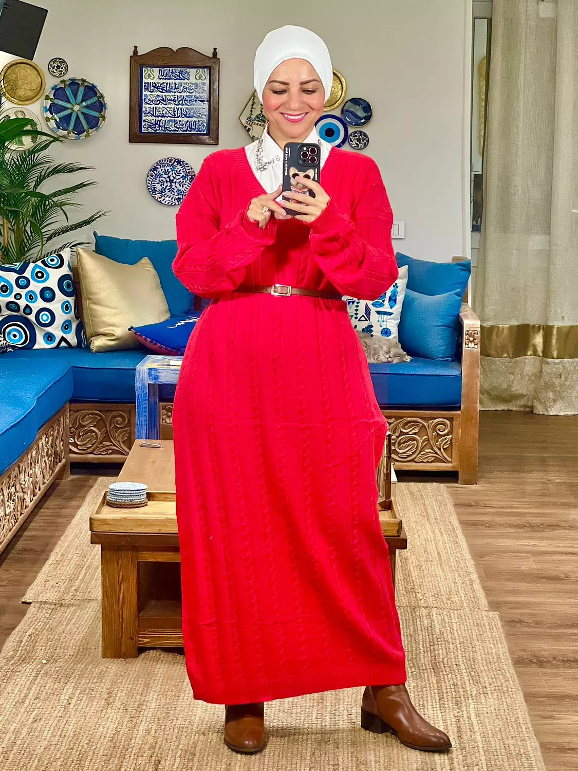 Oversized Knitted V-neck Dress - Red 2