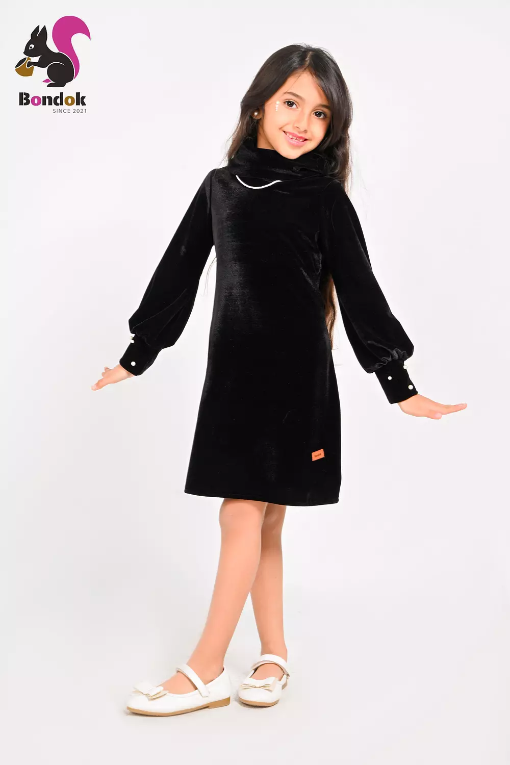 Pearl Slim Dress for Girls, Velvet Long Sleeve (RED, BLACK, EMERALD GREEN, NAVY BLUE AND DEEP FUCHSIA) 4