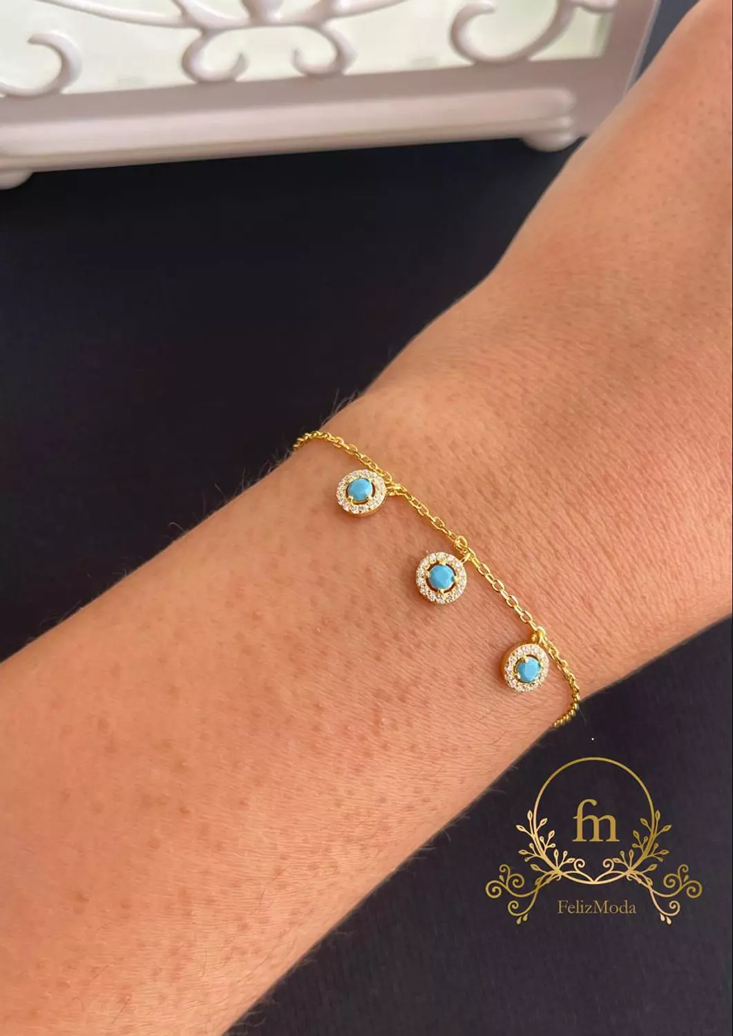 Three dangling Fayrouz stones silver bracelet gold plated image