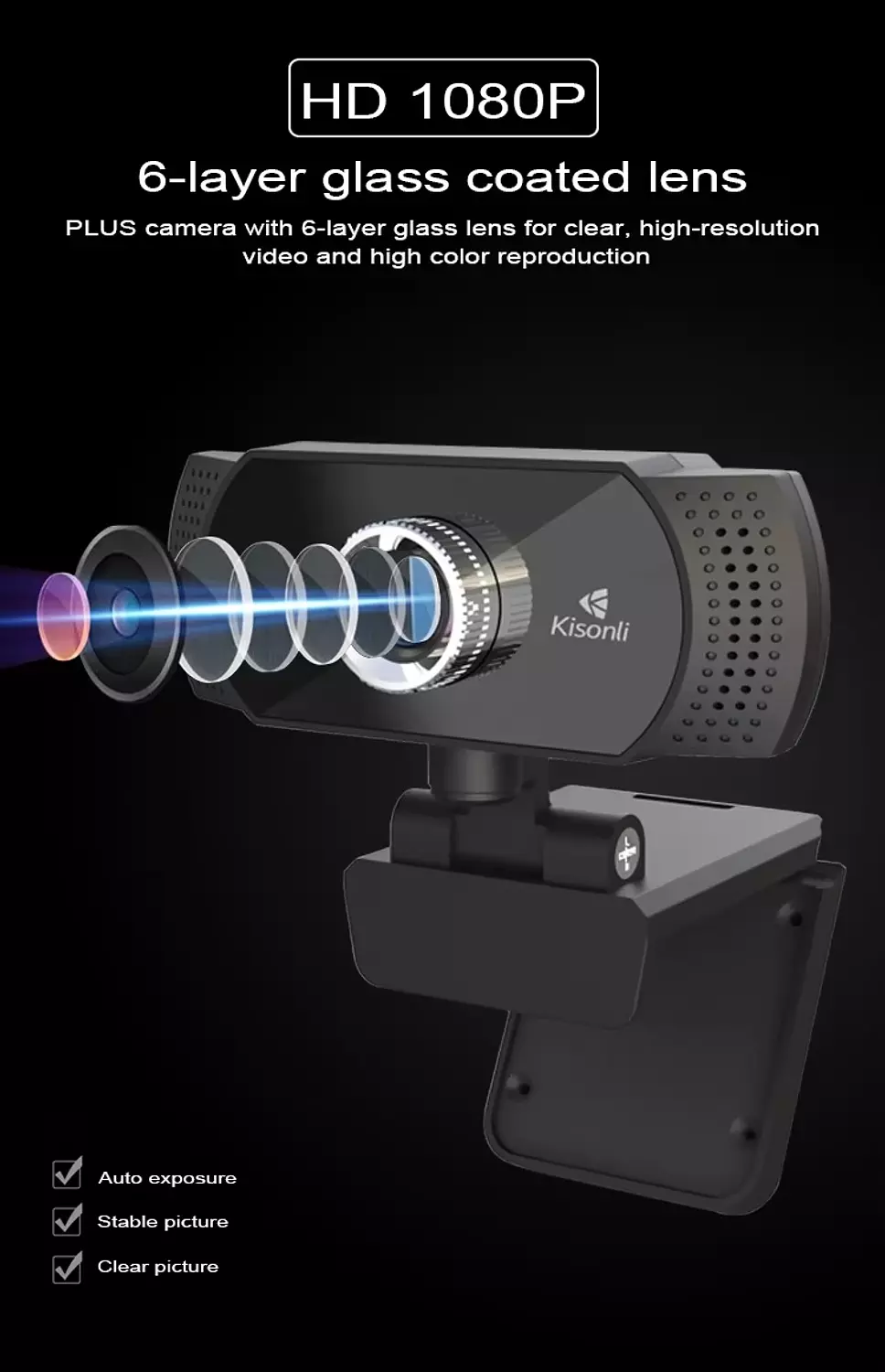 Kisonli PC-2 1080P HD Webcam - Built-in Mic - 90-Degree Angle 7