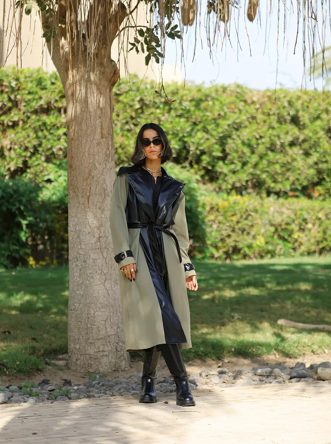 Olive x black leather trench coat  image