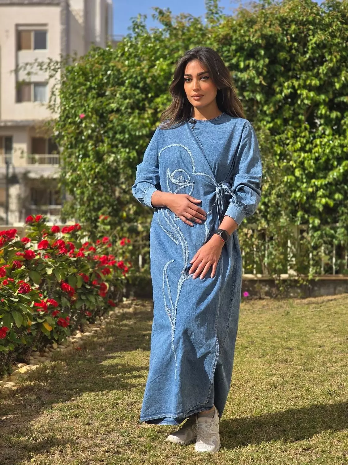 Floral denim dress with side tie 3