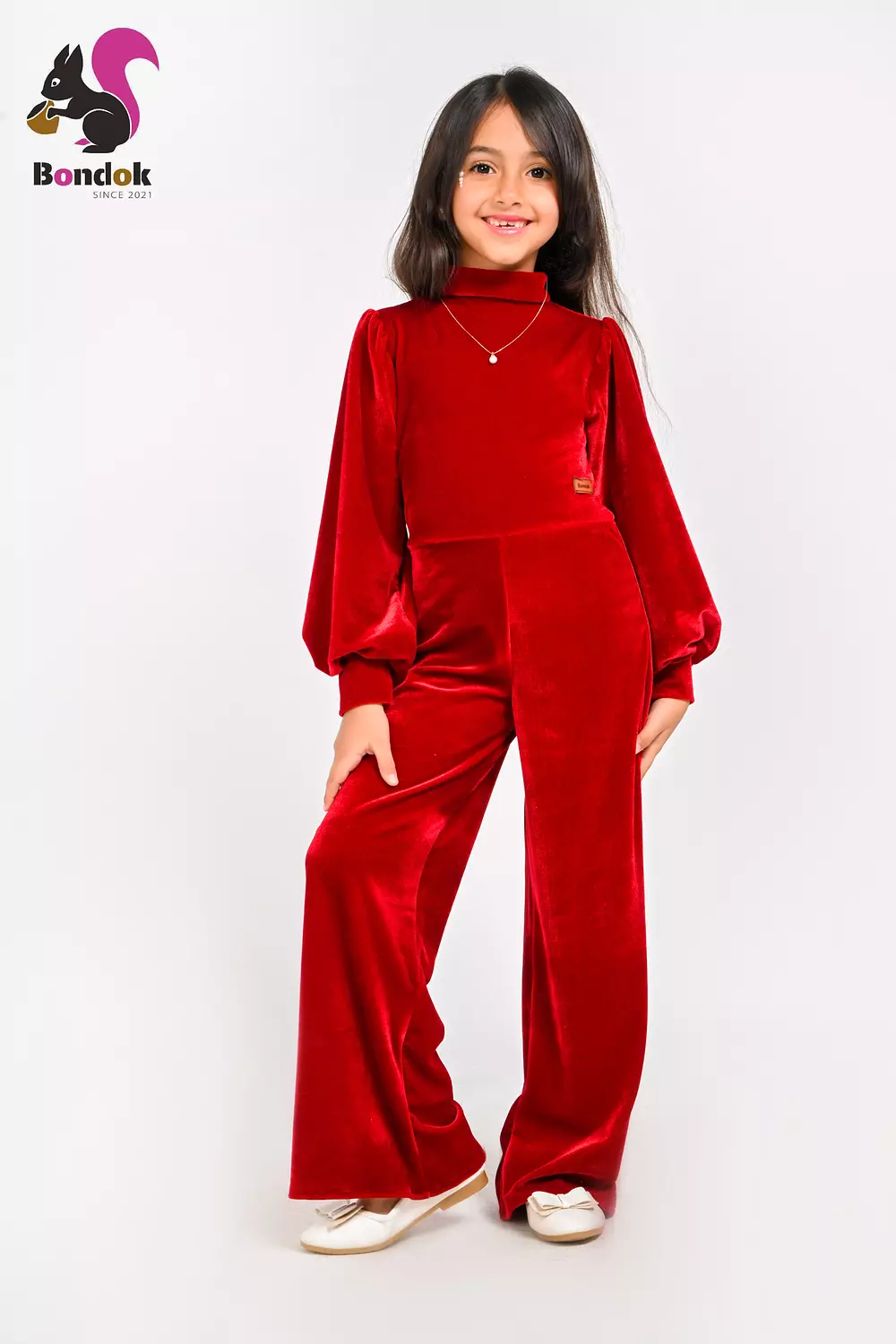 Girls Velvet Jumpsuit, Long Sleeve Wide Leg 3