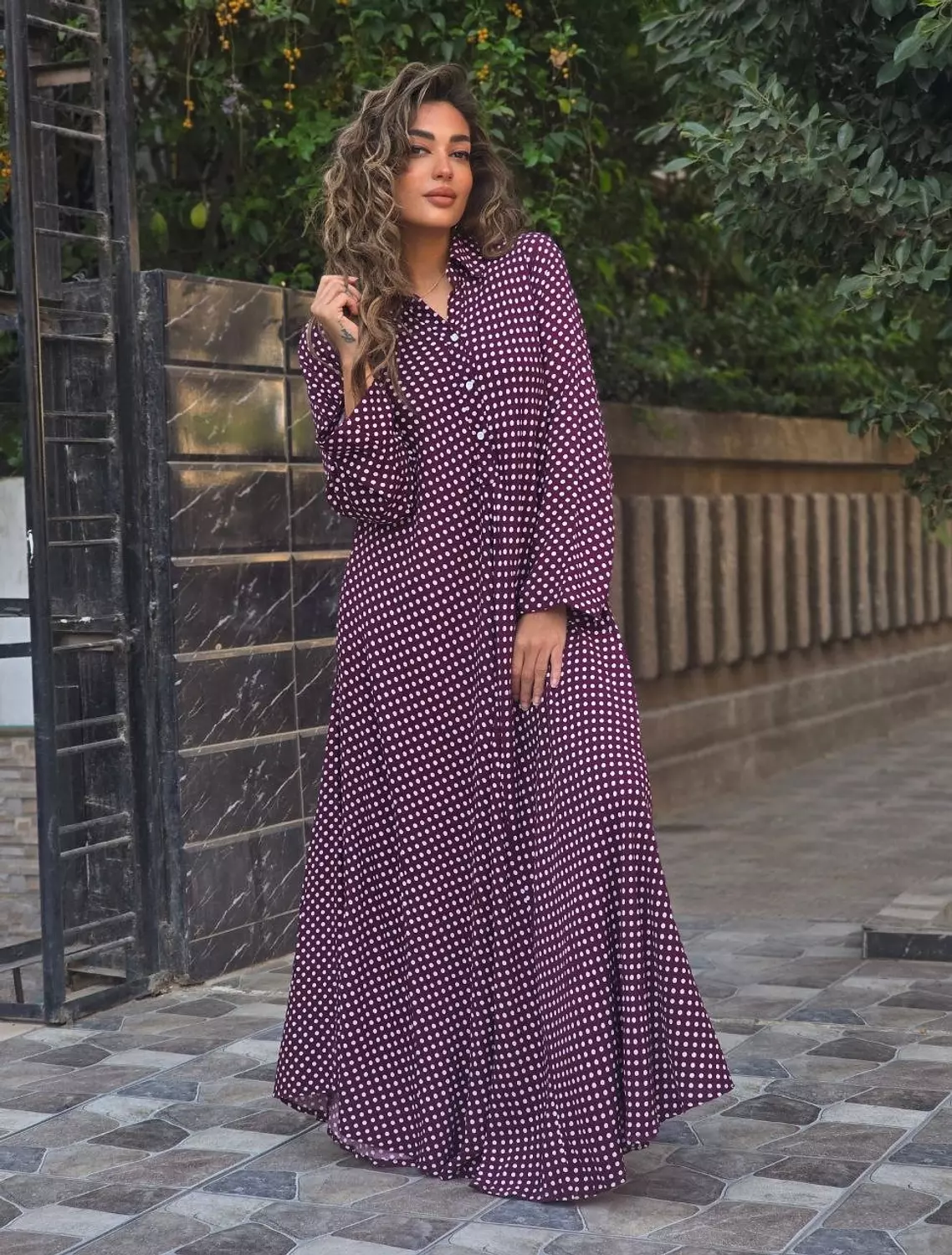 Burgundy maxi polka dress hover image