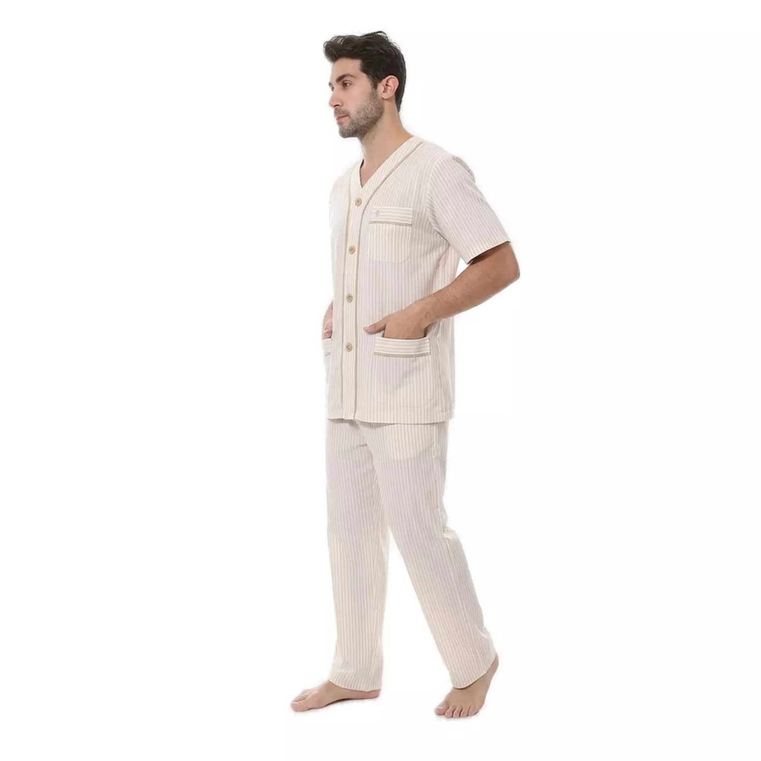 Men Classic Pajama Set - 2289 - Light Beige - 2 Stripe Beige 3