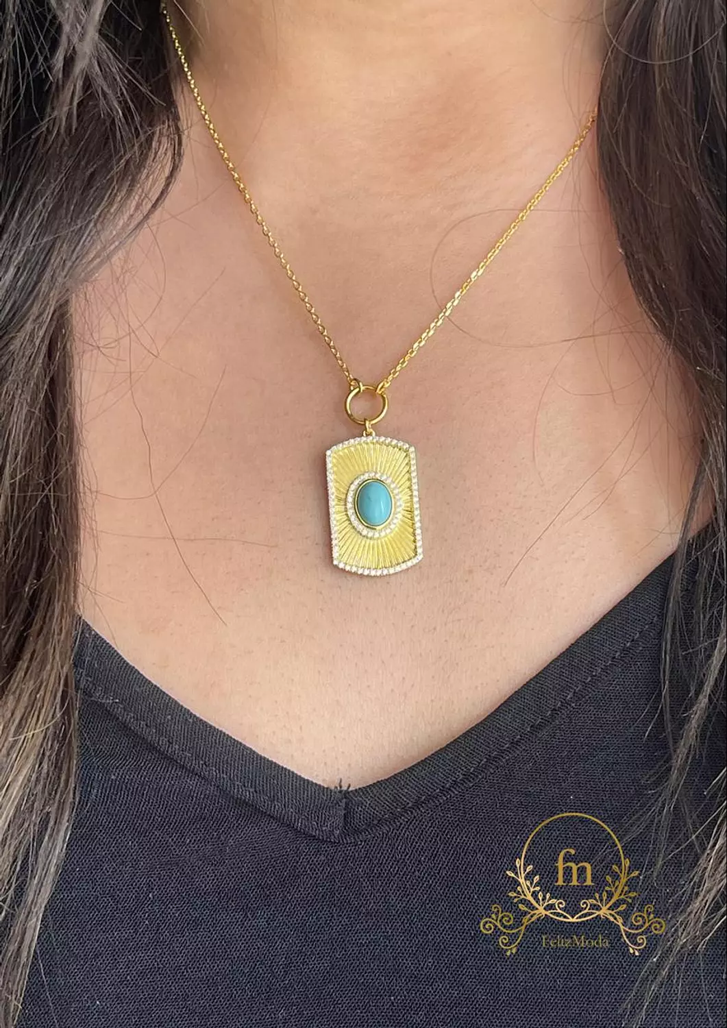 Oval Fayrouz stone in square gold plated frame silver necklace gold plated image