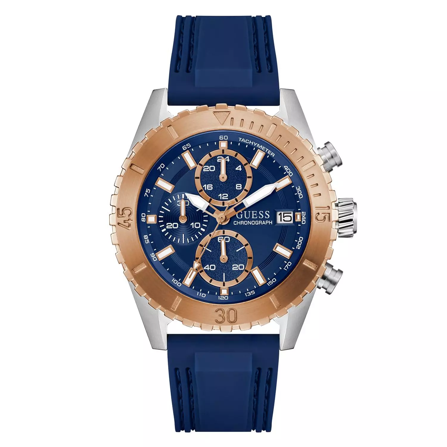 GUESS Mens Blue 2-Tone Chronograph Watch BLUE Silicone Strap GW0967G4 image