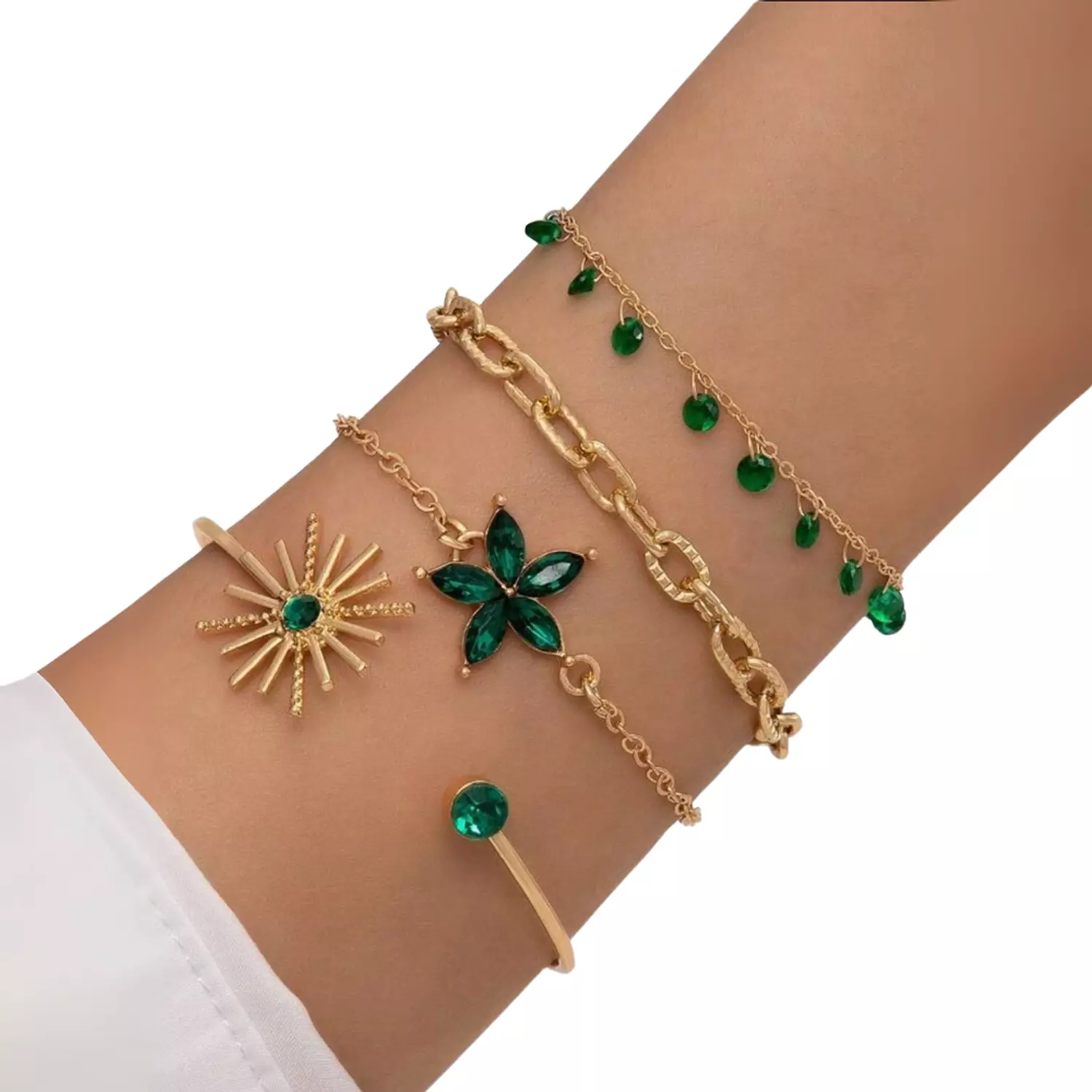 4 Pc Emerald Green Flower Bracelet Set image