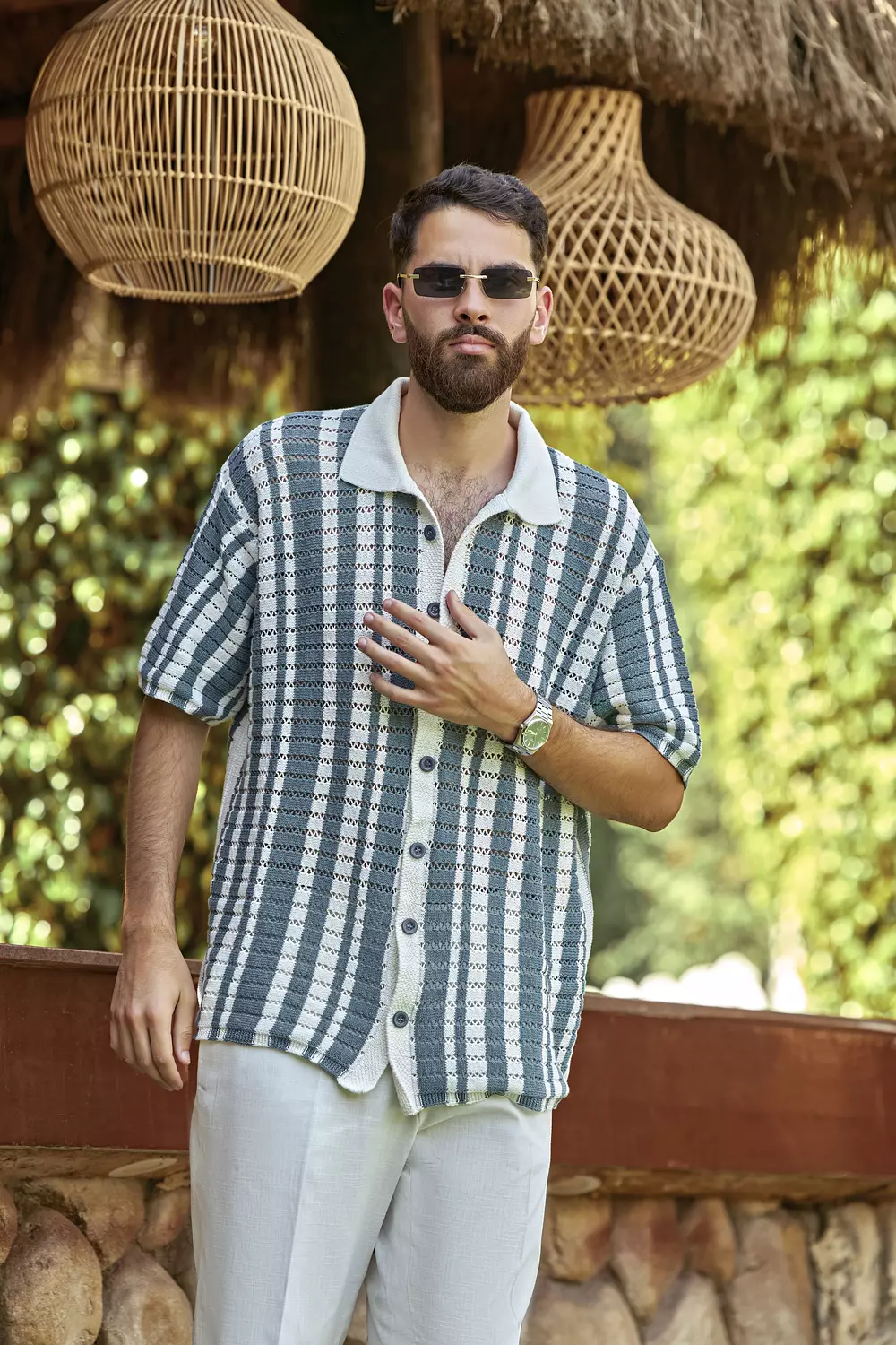 Retro Striped Crochet Button-Up Shirt 4