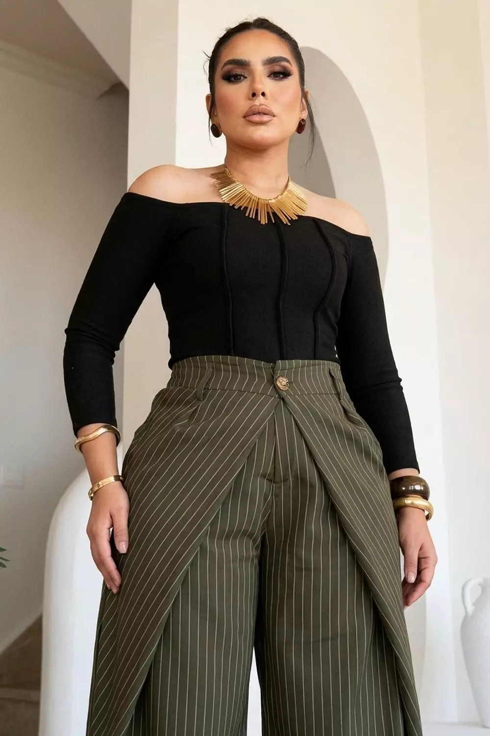 Pinstripe Extra Wide-Leg Trousers with Draped Front 1