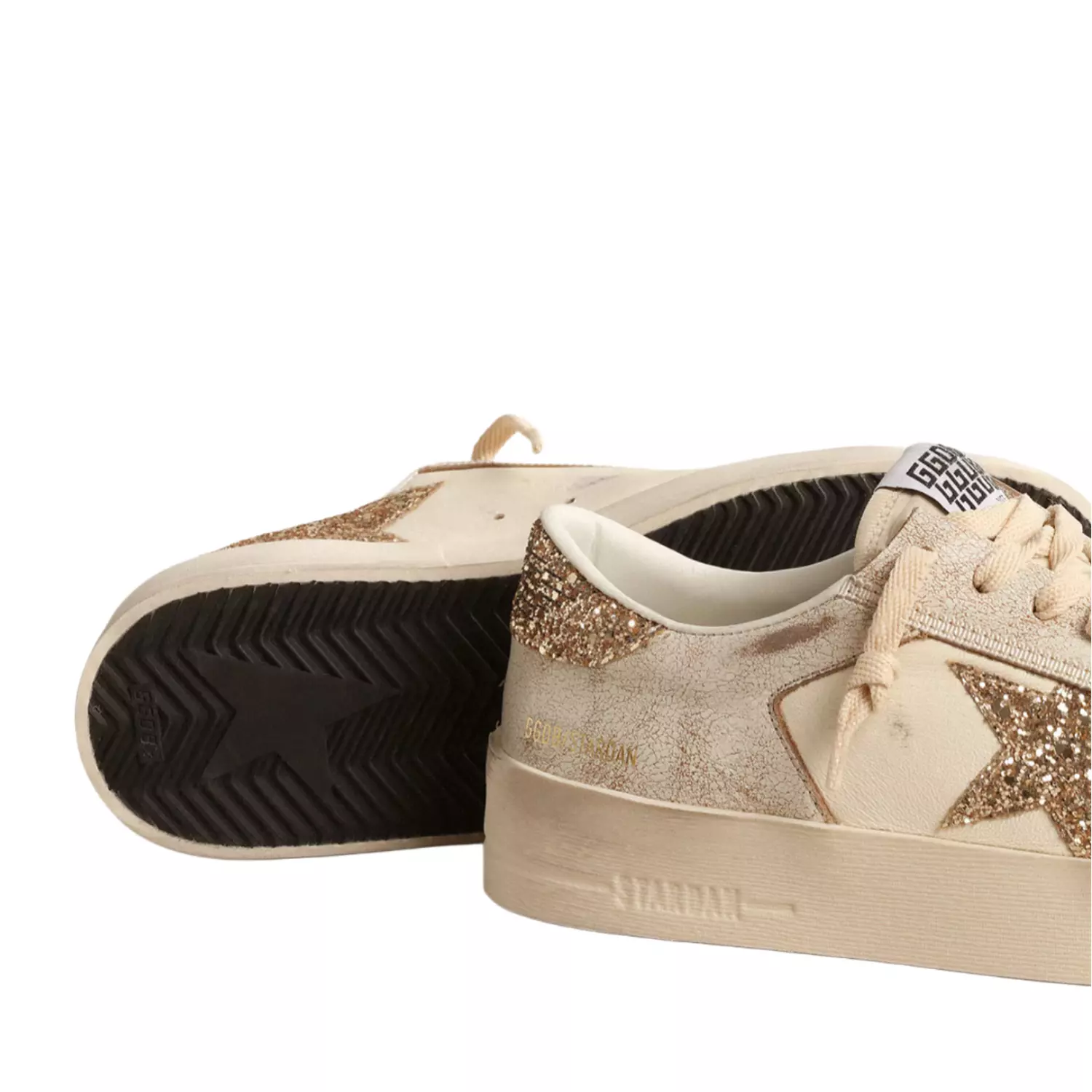 Golden goose Women’s Stardan in ecru nappa leather with gold glitter star and heel tab 2