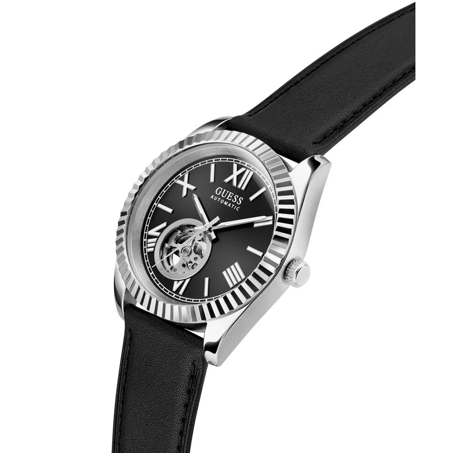 GUESS CONNOISSEUR Mens Black Silver Tone Automatic Watch Black Genuine Leather Brushed/Polished Strap 1