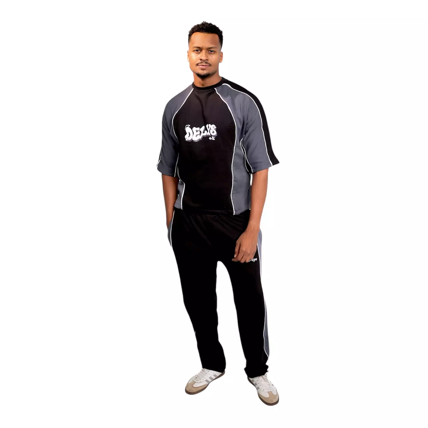 De-lys slices box fit suit Black & Grey with white stripe  9