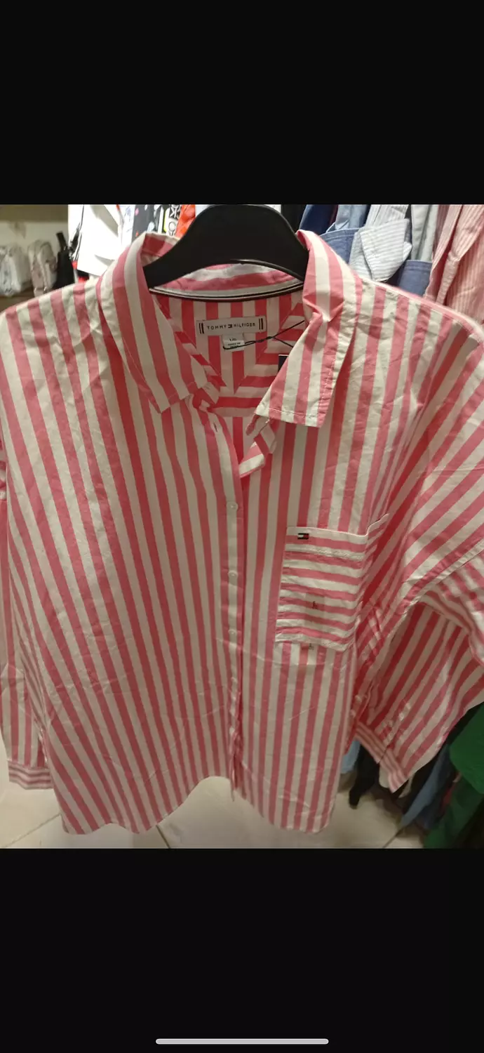:  ⸻  Tommy Hilfiger Women’s Striped Oversized Shirt – Pink/White hover image