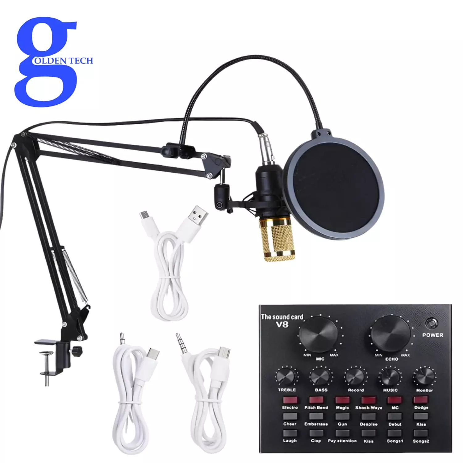 مجموعة ميكروفون مكثف في 8، طقم مايك مع كارت صوت لايف BM-800، ذراع متقاطع للميكروفون قابل للتعديل، مثبت عازل للصدمات معدني وفلتر بوب مزدوج الطبقة لتسجيل الاستوديو والبث (ذهبي) 1