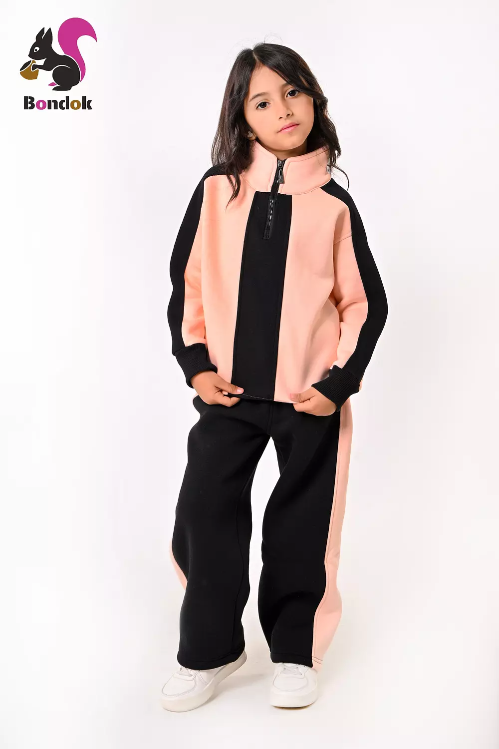 BONDOK Girls’ Winter Black-Strip Tracksuit – High-Neck Half-Zip Sweatshirt & Joggers Set  – Cozy Melton Fleece, Ages 4–14 1