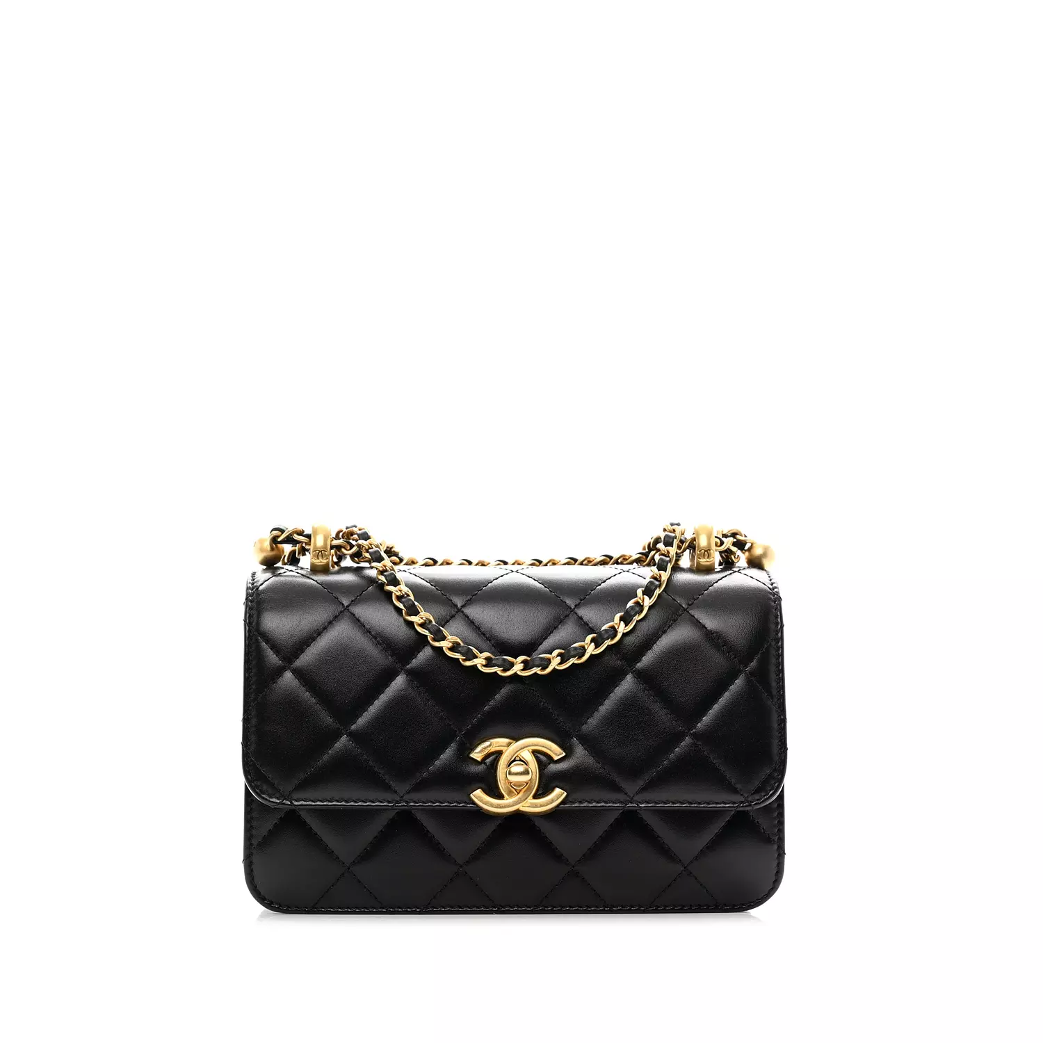 Chanel Small Flap Bag in black shiny calfskin leather features gold-tone meta image