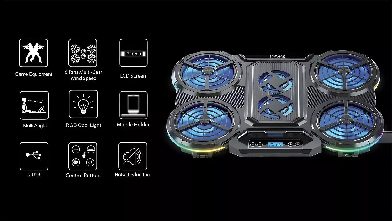 ST STANDARD ICE-08 Laptop Cooler with RGB & 2 USB Ports - Black 3
