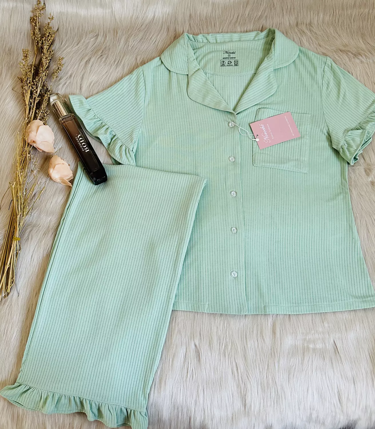Pistachio Ruffled Cotton PJs 1