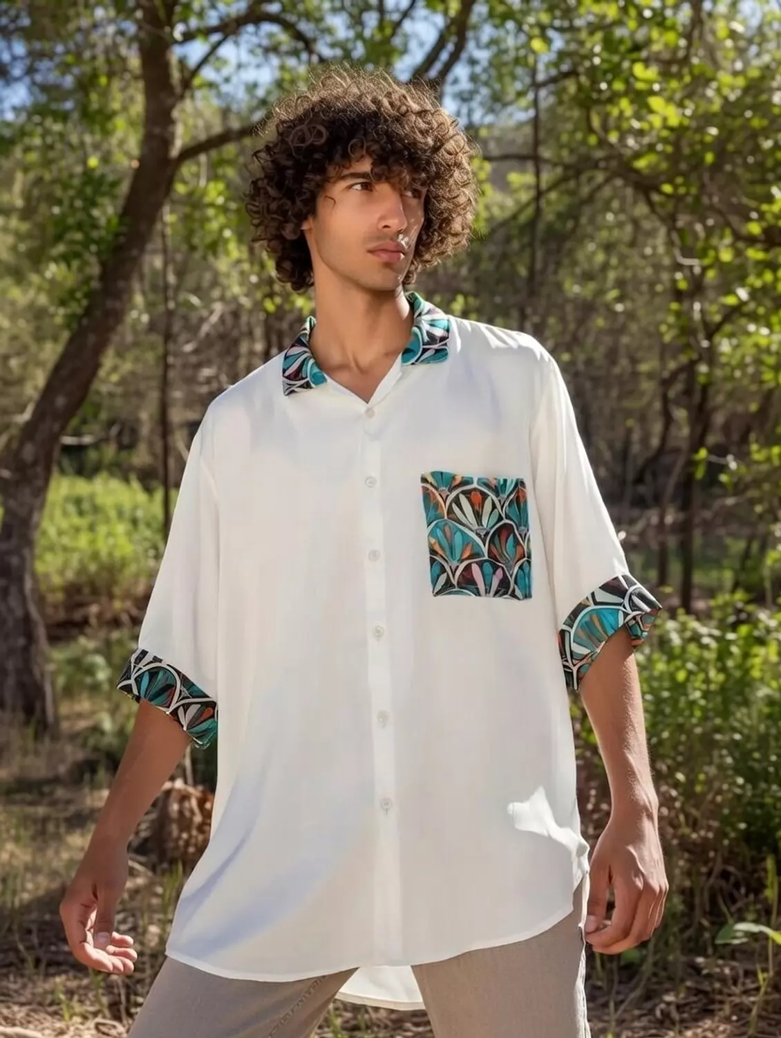 Loosefit White Viscose Shirt w/Green Pattern Patching 1
