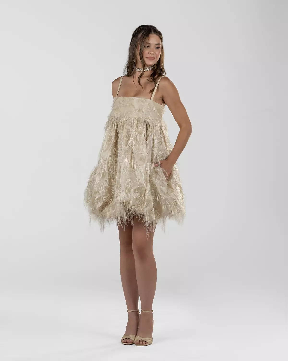 Playful Beige Balloon Silk Dress hover image