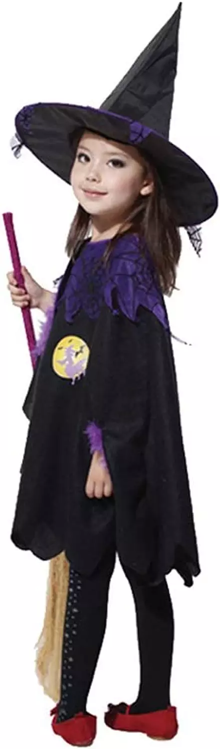 Girls Witch Halloween Costume Set, Black and Purple Cape with Hat 1