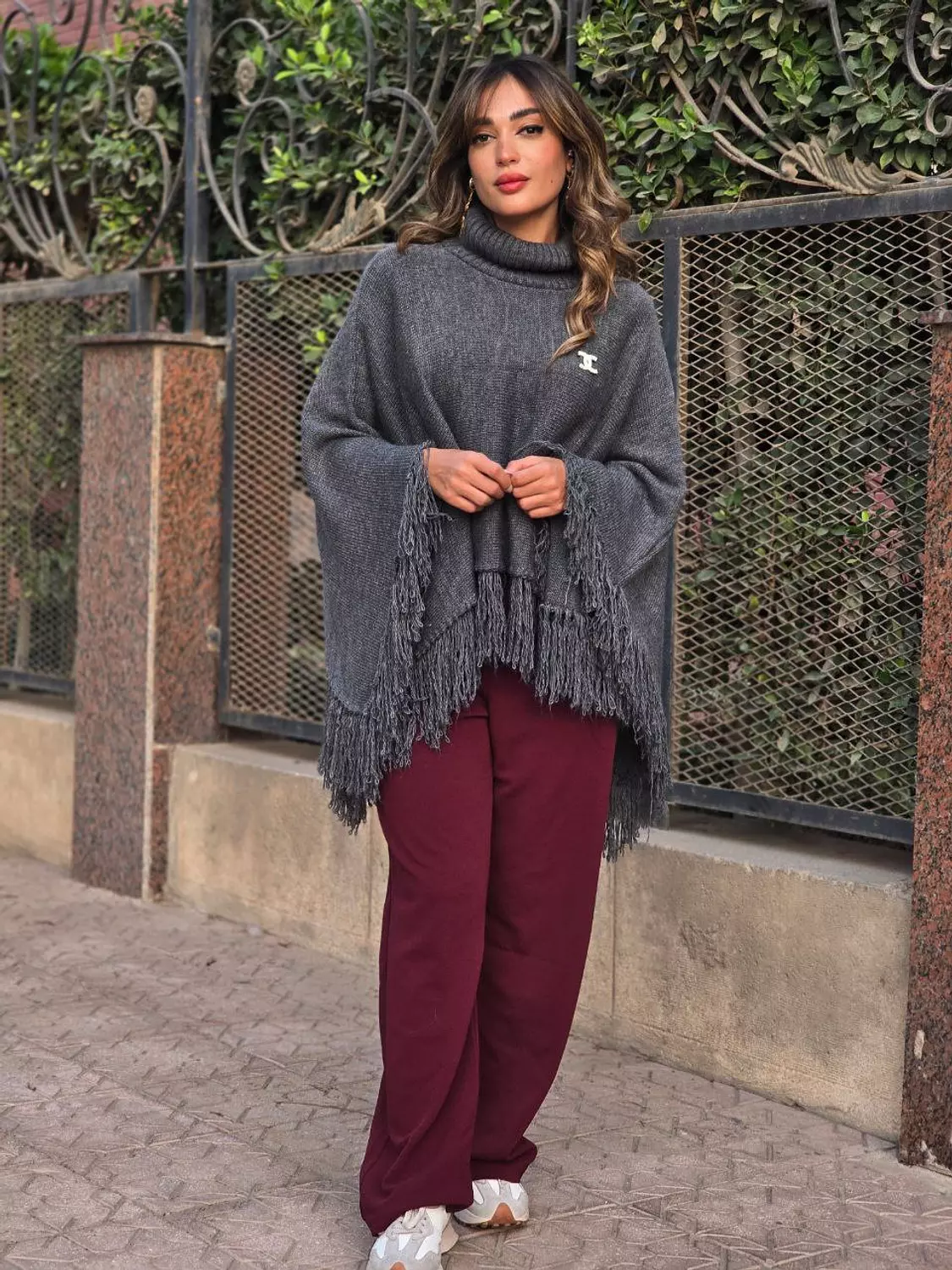 Grey Poncho High Neck With Fringes  3