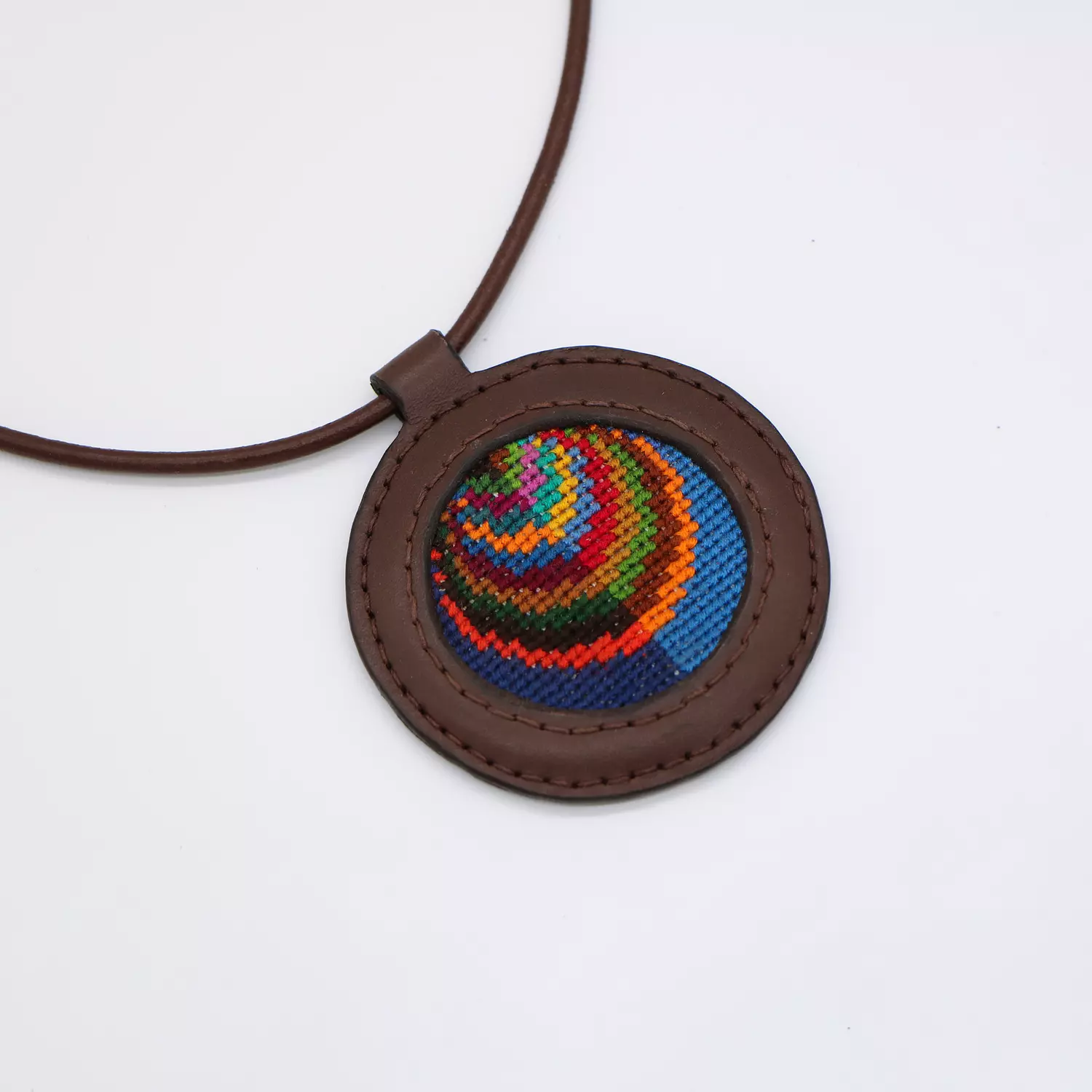 Genuine leather necklace with colorful Cross-stitching. image