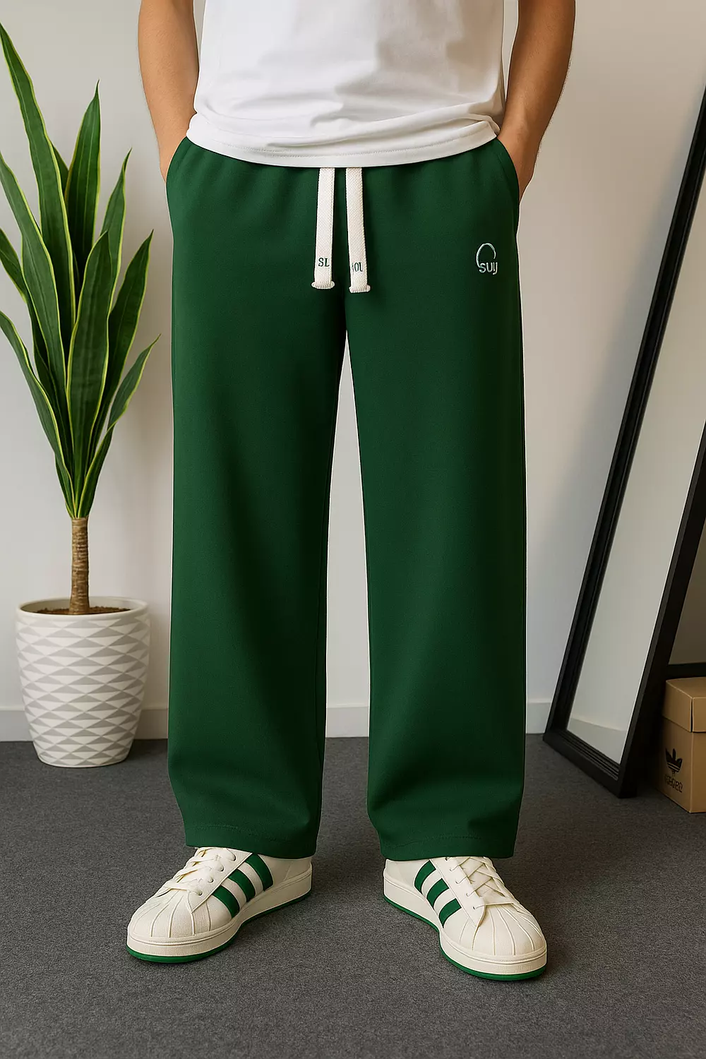 Wide leg & Over size Premium Sweatpants _ Green Color image