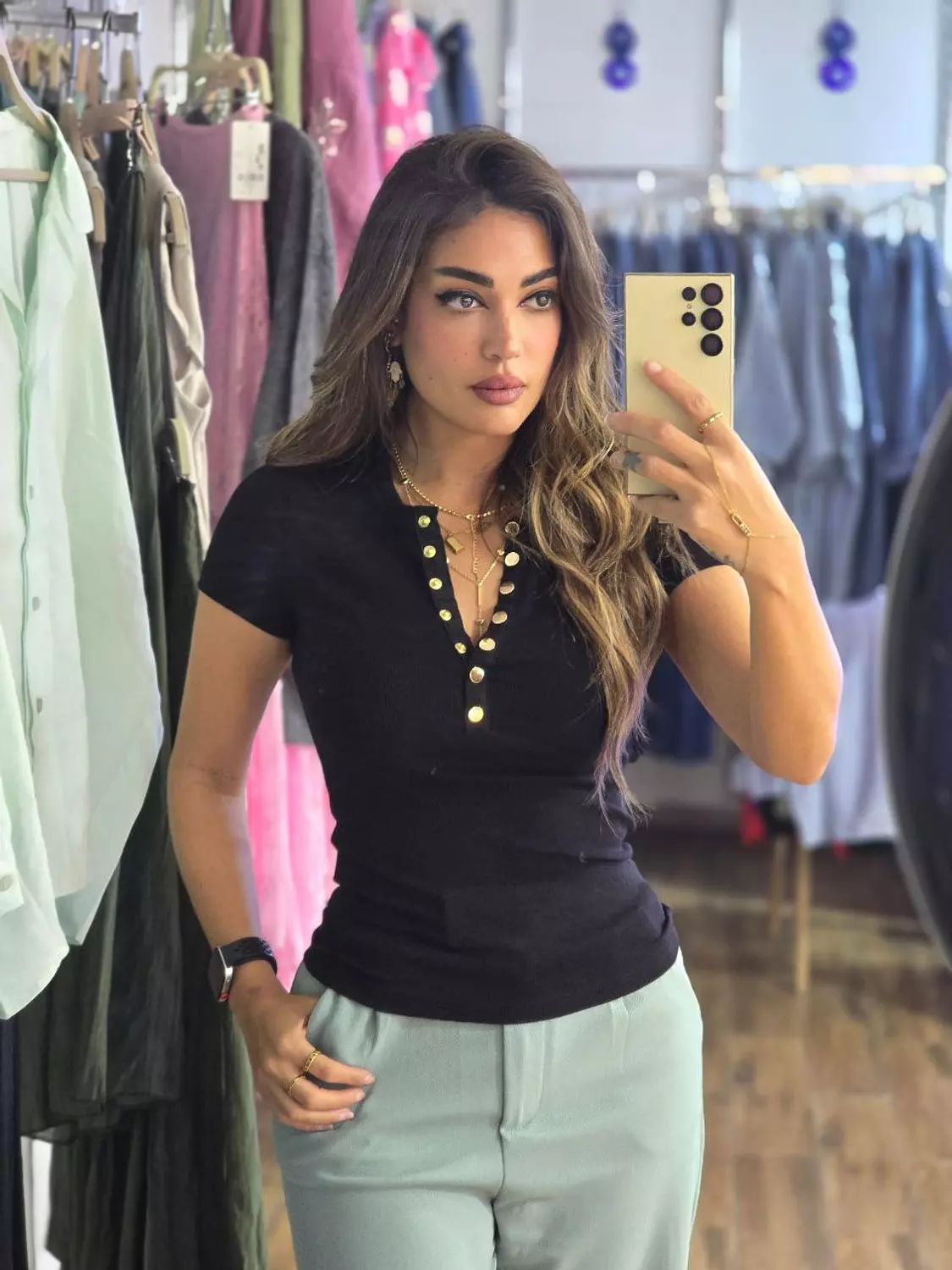 Black basic Karol top with gold buttons  image