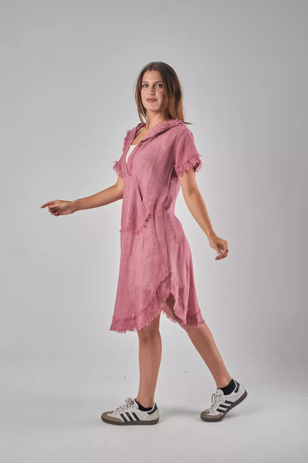 Hooded Mesh Linen Pink Top hover image