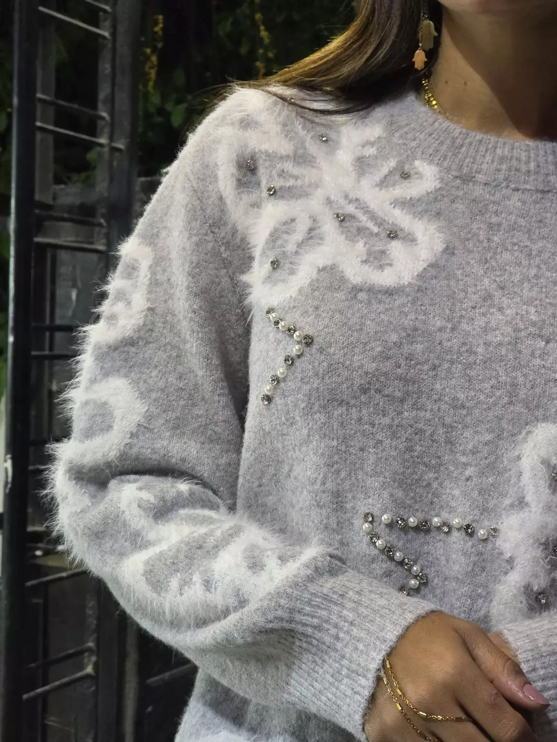 Floral grey wool pullover with embroidery pearls hover image