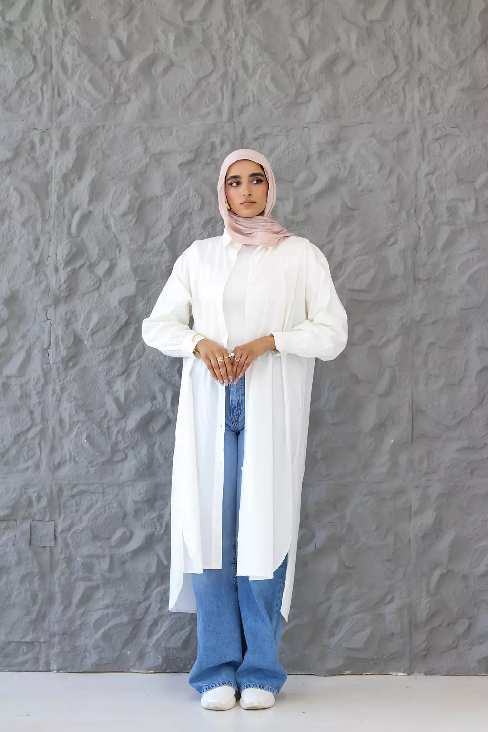 Poplin Cotton Long Shirt in White hover image