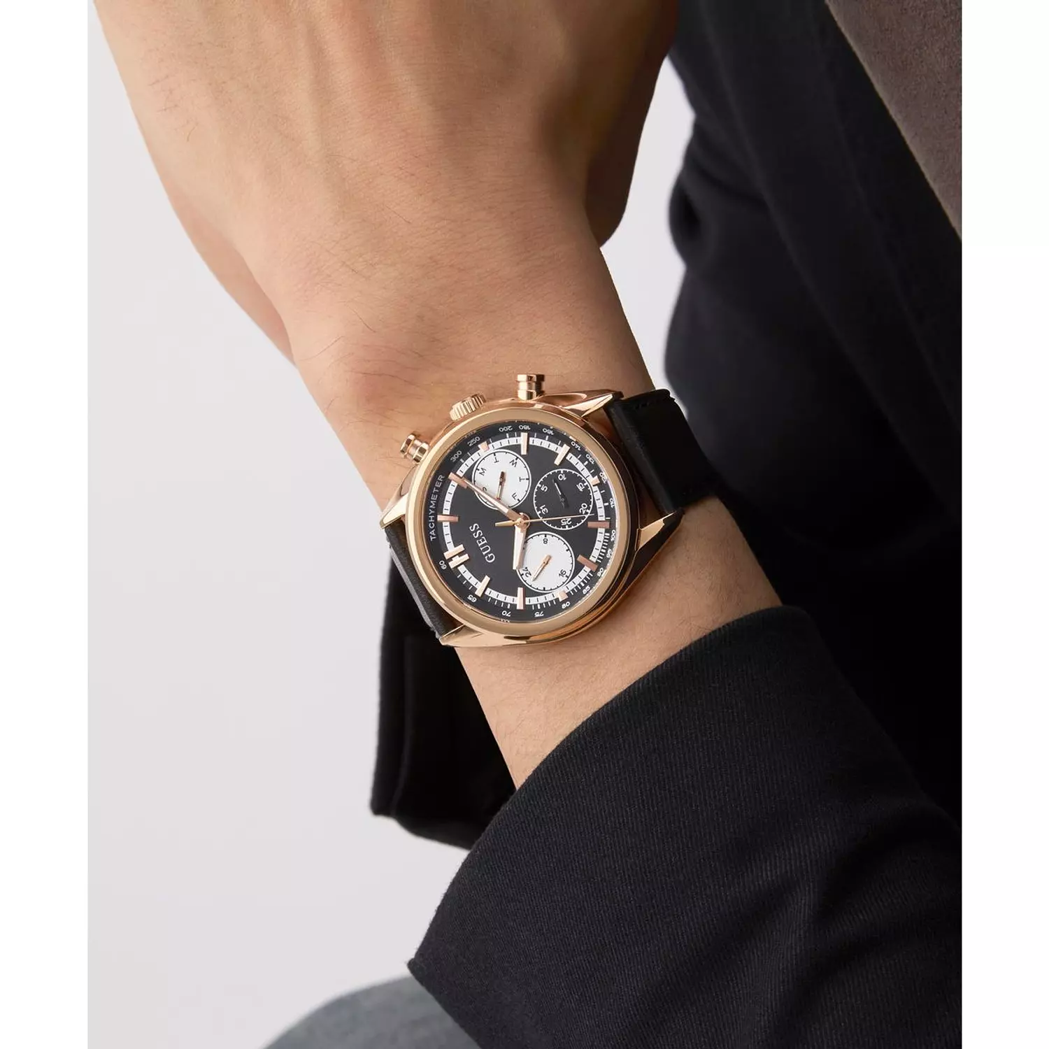 GUESS DAWSON Mens Black Rose Gold Tone Multi-function Watch Black Genuine Leather Smooth Strap 6