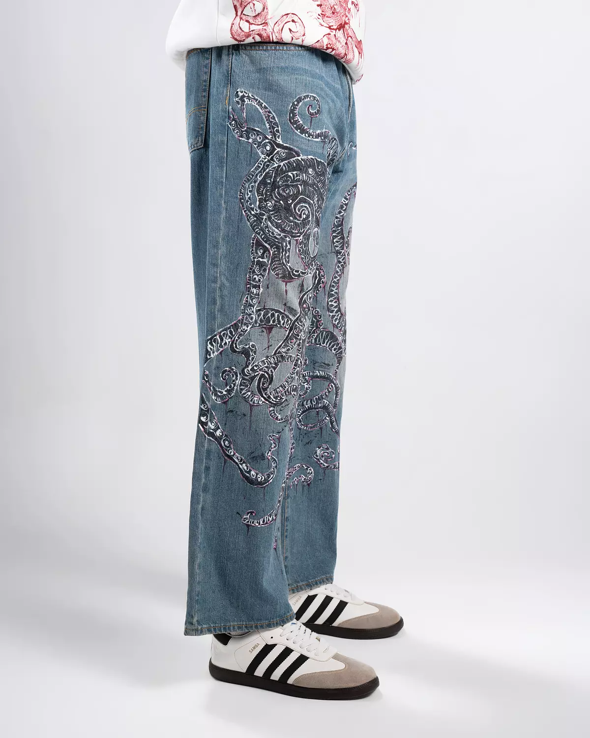 “Giant octopus “ 1of1 hand-printed &painted denim pants 2