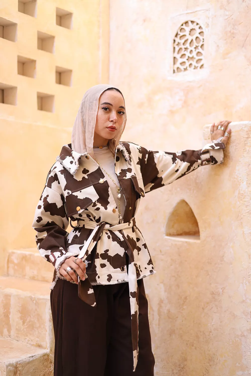 COW PRINT BELTED JACKET 1