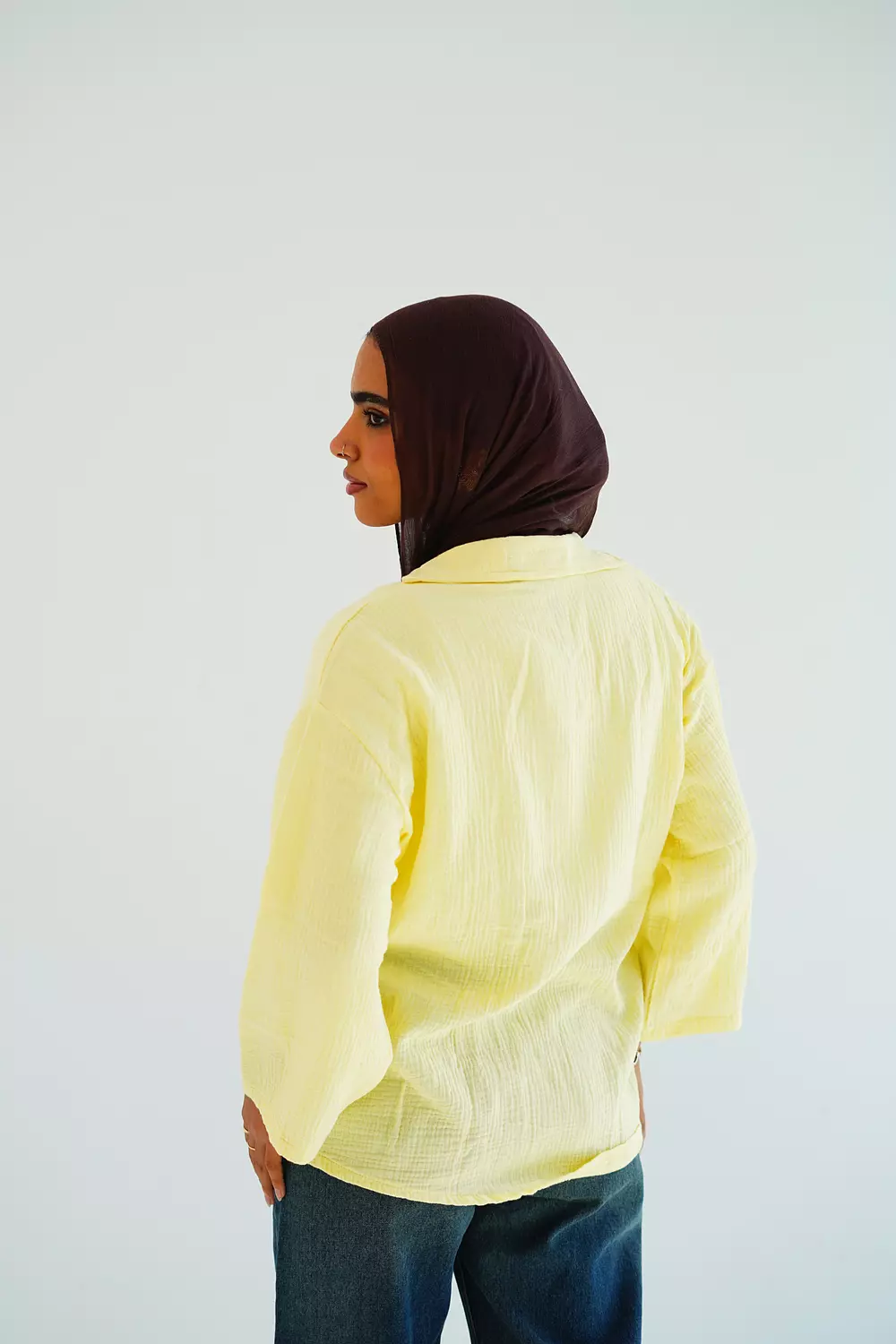 Yellow open cotton blouse with front tie 3