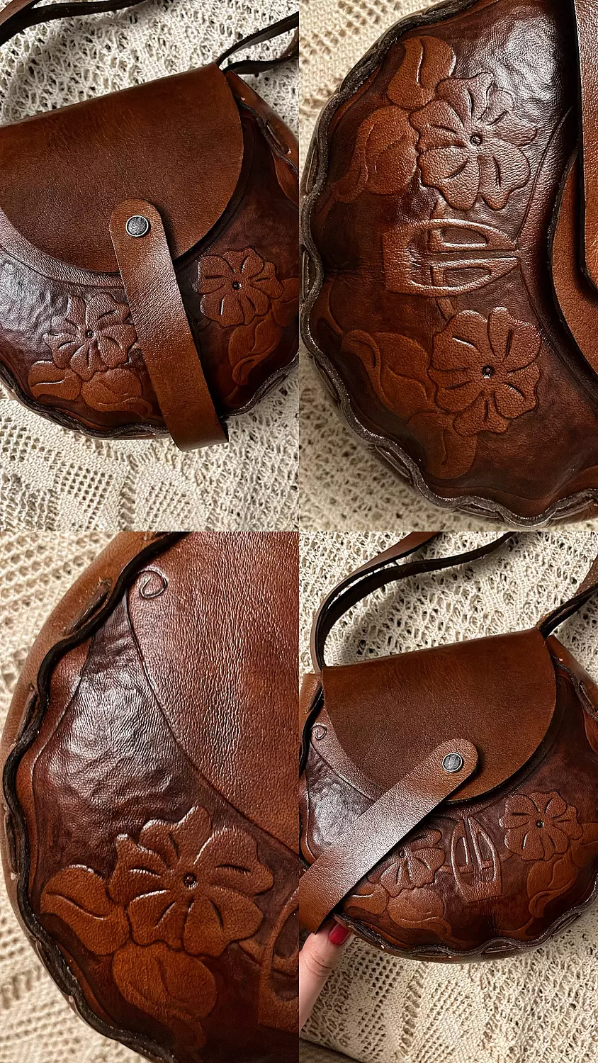 Art Nouveau bloom round leather bag with rotating strap  8