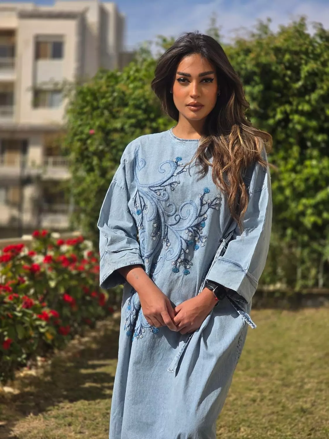 Light blue floral sequin embroidered denim dress with side tie  5