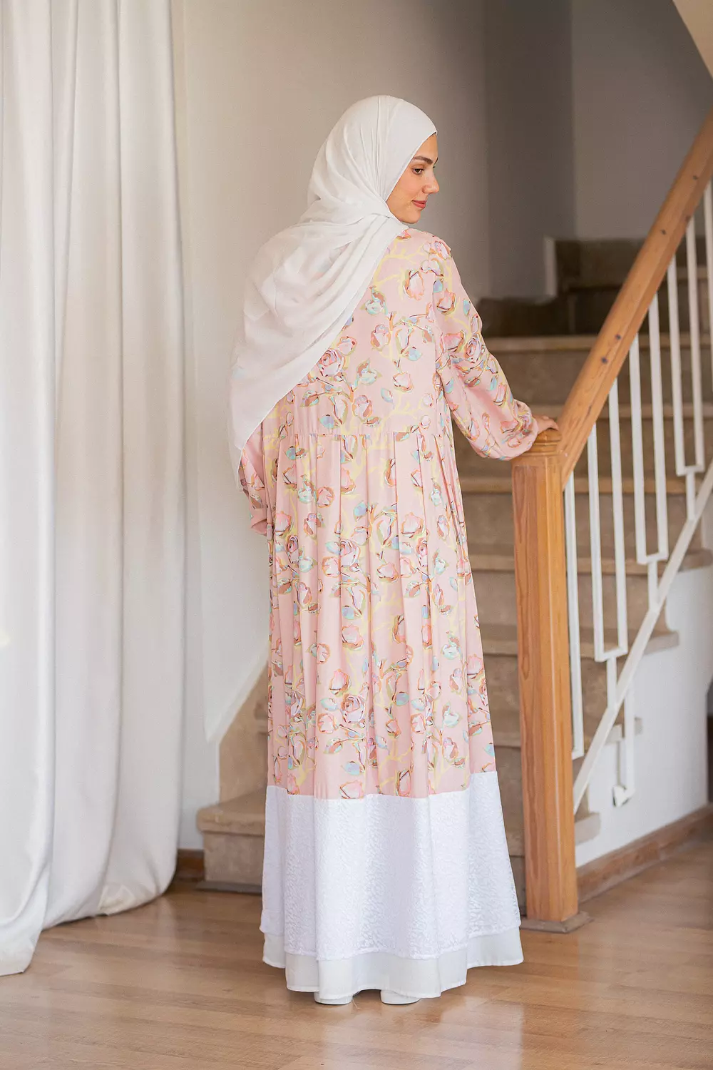Pink Floral Crepe Dress with Tulle Trim 4