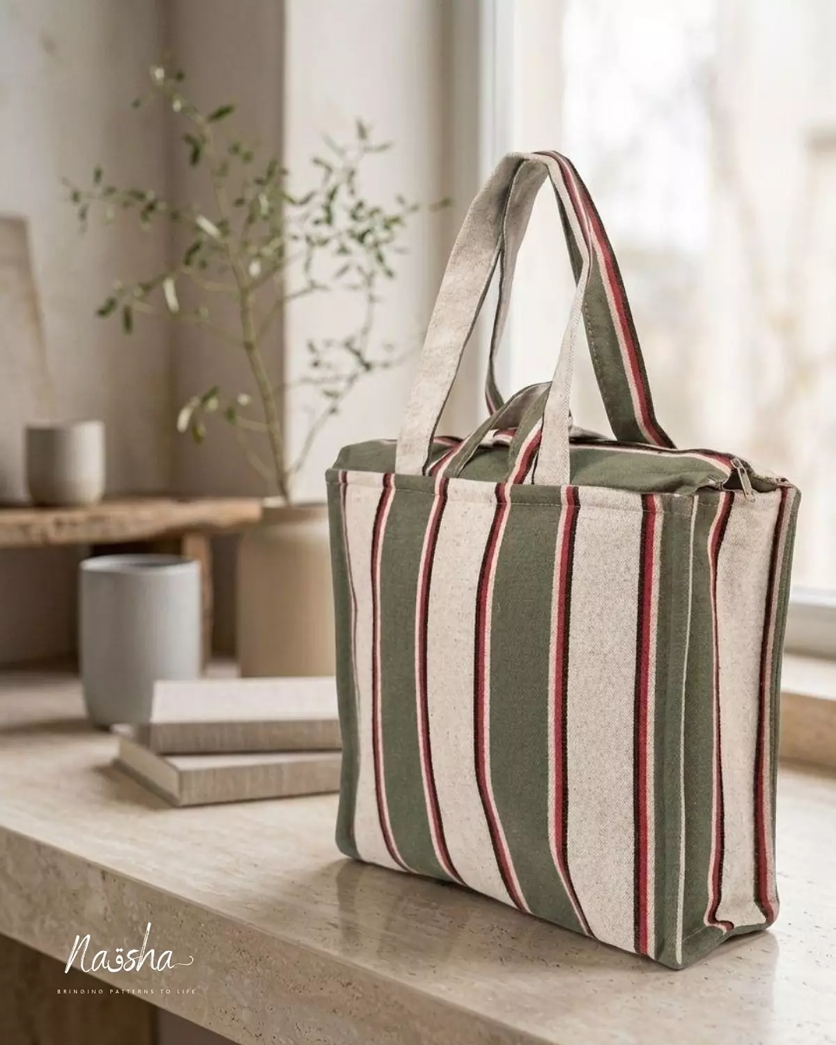 Green & Burgundy Striped Tote image